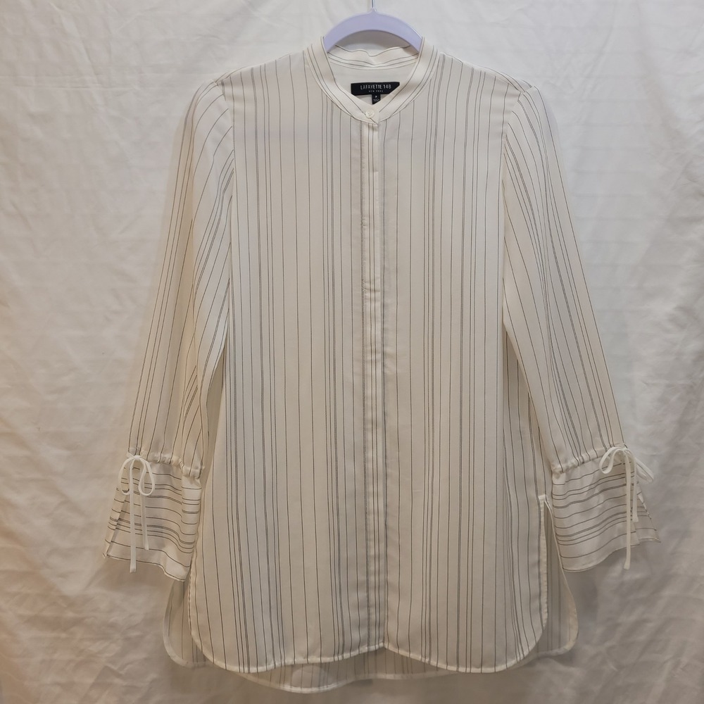 Lafayette 148 New York Silk Pinstripe Tunic Band Collar Tie Cuff Top Petite P